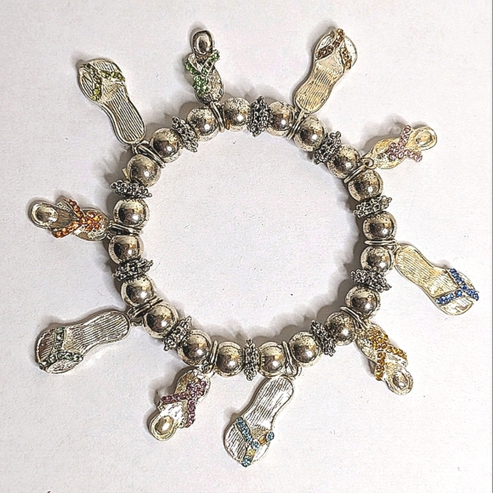 Vintage‎ Signed RB Silver Tone Sandle Charm Bracelet 6.75 Inch Stretch